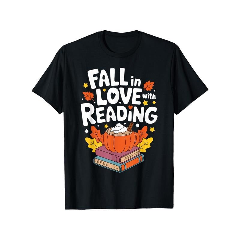 'Fall Love Reading' Pumpkin 100% Cotton Crew Neck Short Sleeve Casual Printed Comfort Perfect Teachers Book Lovers Black Made USA T-Shirts, Hoodie, Sweatshirt - T-Shirt, Sweatshirt, Hoodie
