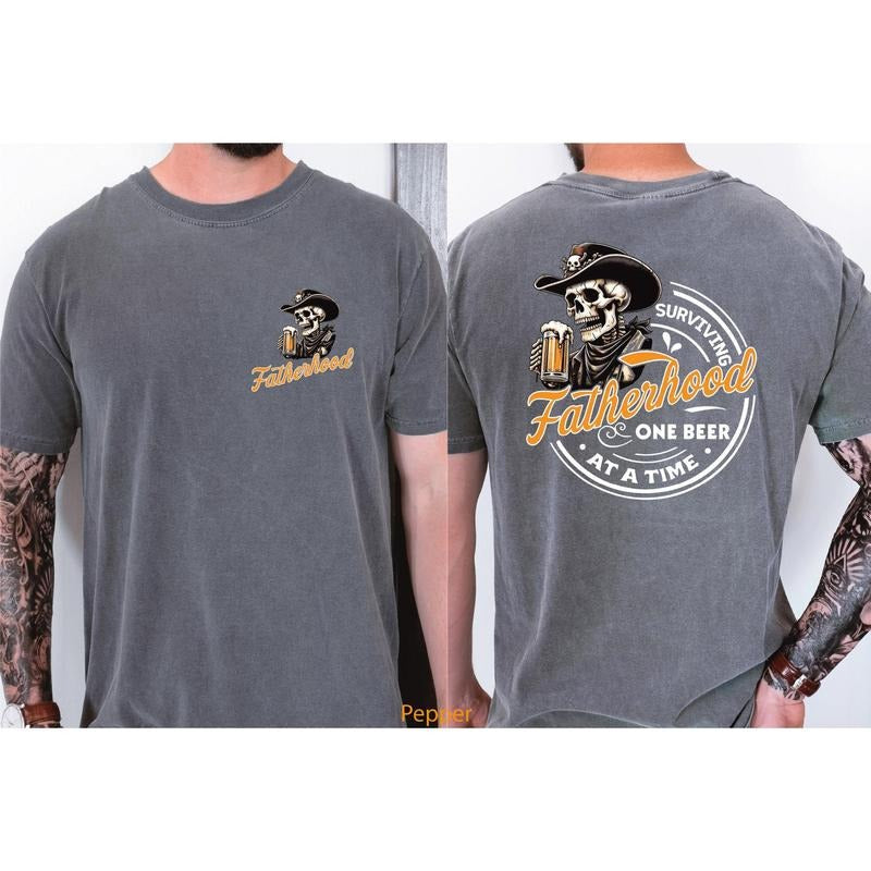 Fatherhood Surviving One Beer Time Shirt Fatherhood Dad Teefunny Skull Teesarcastic Pocket Back DesiGD T-Shirts, Hoodie, Sweatshirt - T-Shirt, Sweatshirt, Hoodie