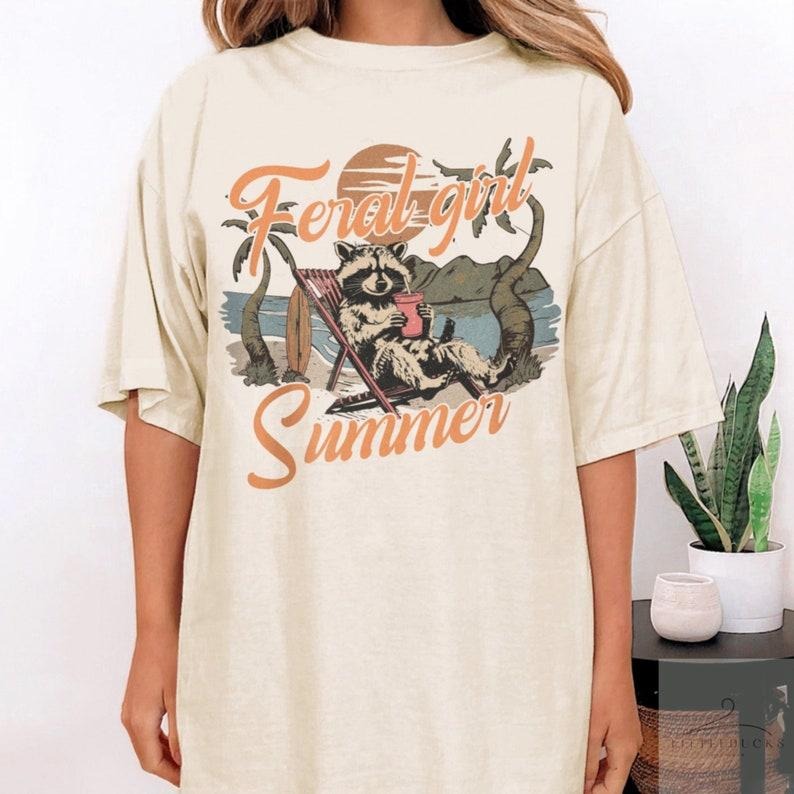 Feral Girl Summer Raccoon Shirt Cute Raccoon Lightweight Cotton Funny Meme T-Shirts, Hoodie, Sweatshirt - T-Shirt, Sweatshirt, Hoodie