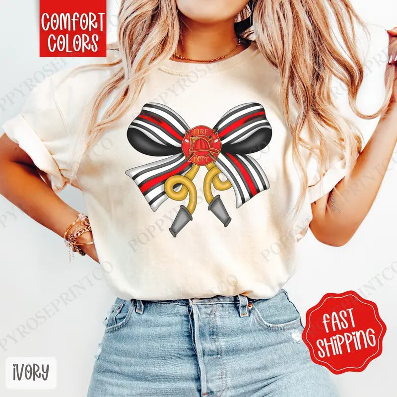 Firefighter Coquette Bow Shirt Comfort Colors Cute Shirt Bow T-Shirts, Hoodie, Sweatshirt - T-Shirt, Sweatshirt, Hoodie