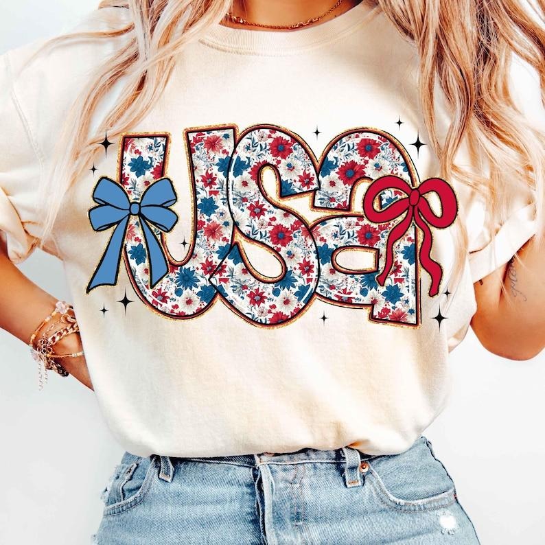 Floral Coquette USA Bow Retro America 4th July Independence Day Patriotic Shirt T-Shirts, Hoodie, Sweatshirt - T-Shirt, Sweatshirt, Hoodie