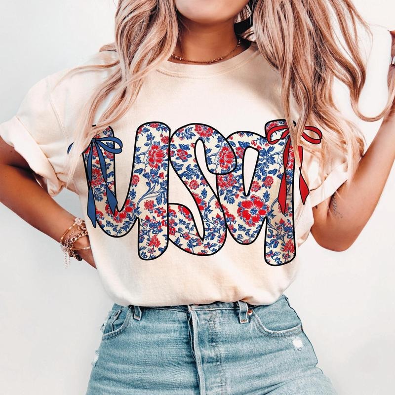 Floral Coquette USA Shirt Retro America 4th July Shirt 4th July Sublimation Popular America Shirt Patriotic Girly T-Shirts, Hoodie, Sweatshirt - T-Shirt, Sweatshirt, Hoodie