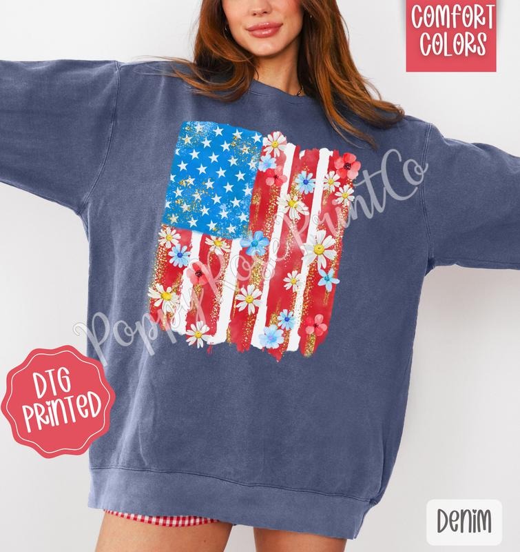Floral Flag Comfort Colors Cute Patriotic Her T-Shirts, Hoodie, Sweatshirt - T-Shirt, Sweatshirt, Hoodie