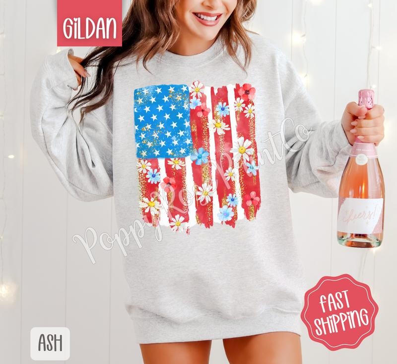 Floral Flag Cute Patriotic Her T-Shirts, Hoodie, Sweatshirt - T-Shirt, Sweatshirt, Hoodie