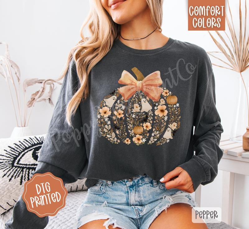 Floral Ghost Pumpkin Comfort Colors Long Sleeve Cute Fall T-Shirts, Hoodie, Sweatshirt - T-Shirt, Sweatshirt, Hoodie
