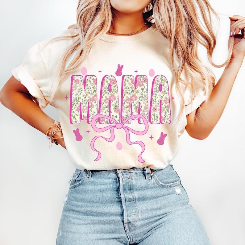 Floral Mama Easter Coquette Happy Easter Pink Floral Chinoiserie Toile Rabbit Mama Varsity T-Shirts, Hoodie, Sweatshirt - T-Shirt, Sweatshirt, Hoodie