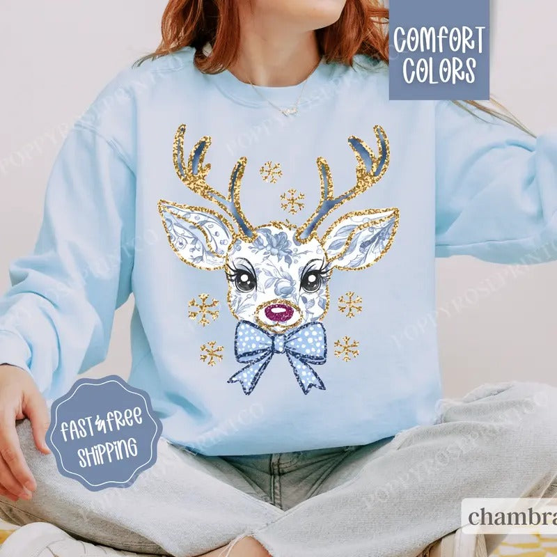 Floral Reindeer Comfort Colors Blue Floral T-Shirts, Hoodie, Sweatshirt - T-Shirt, Sweatshirt, Hoodie