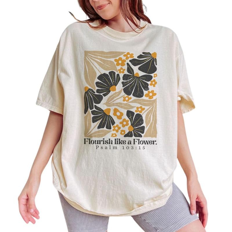 Flourish Like Flower Shirt Boho Christian Bible Verse Psalms Flourish Printed Wildflower Christian Comfort Shirt Casual Cotton Fabric Religious Womenswear Cotton Fabric Relaxed Chic T-Shirts, Hoodie, Sweatshirt - T-Shirt, Sweatshirt, Hoodie