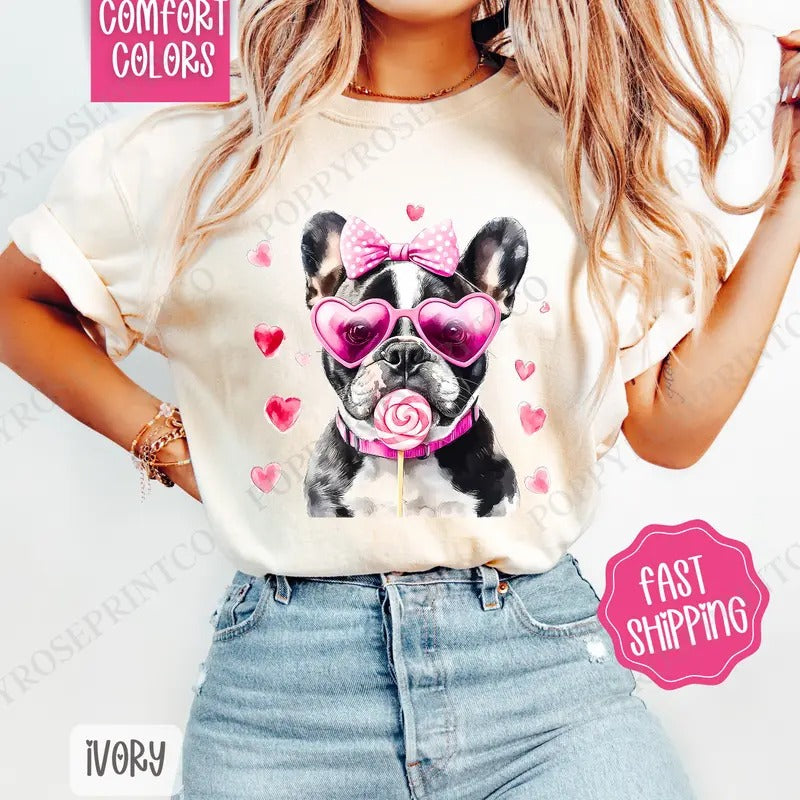 Frenchie Valentine Shirt Comfort Colors Dog Cute T-Shirts, Hoodie, Sweatshirt - T-Shirt, Sweatshirt, Hoodie