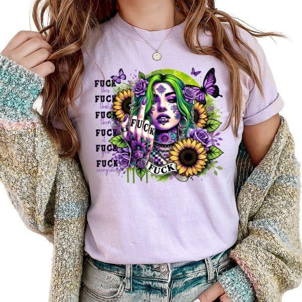 Fuc$ Tattted Woman & Sunflowers & Butterflies Humor Offensive Short Sleeve Middle Finger Shirt 100% Cotton Sizing T-Shirts, Hoodie, Sweatshirt - T-Shirt, Sweatshirt, Hoodie