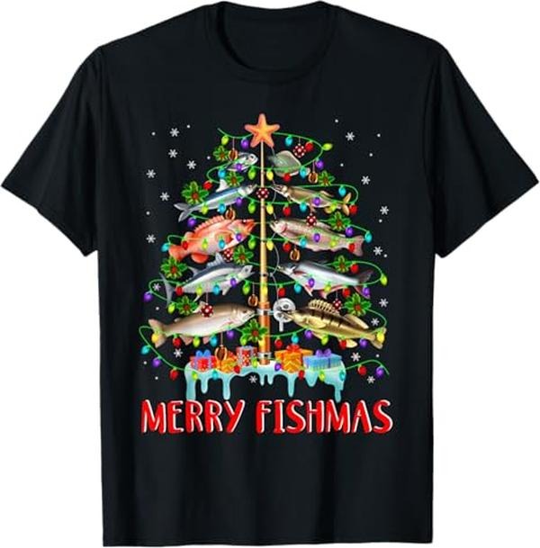 Funny Shirts Merry Fishmas Funny Tree Lights Fish Fishing Rod Menswear Top T-Shirts, Hoodie, Sweatshirt - T-Shirt, Sweatshirt, Hoodie