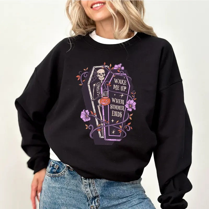 Funny Halloween Skeleton Wake Me Up When Summer Ends Coffin Creepy Skeleton Tops Spooky Season Comfy Long Sleeve Cute Tops Casual Womenswear Comfort Fabric Cotton Top T-Shirts, Hoodie, Sweatshirt - T-Shirt, Sweatshirt, Hoodie