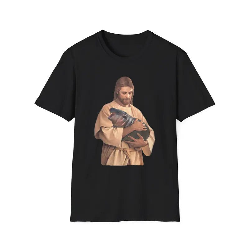 Funny Meme Jesus Holding Moo Deng Hippo Joke Moo Dang Shirt T-Shirts, Hoodie, Sweatshirt - T-Shirt, Sweatshirt, Hoodie
