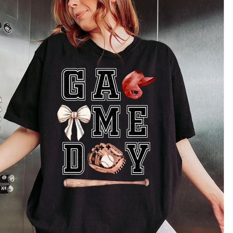 Game Day Baseball Bow Shirt Coquette Baseball Shirt Game Day Shirt Baseball Mom Baseball Baseball Season Baseball Shirt Sports Shirt T-Shirts, Hoodie, Sweatshirt - T-Shirt, Sweatshirt, Hoodie