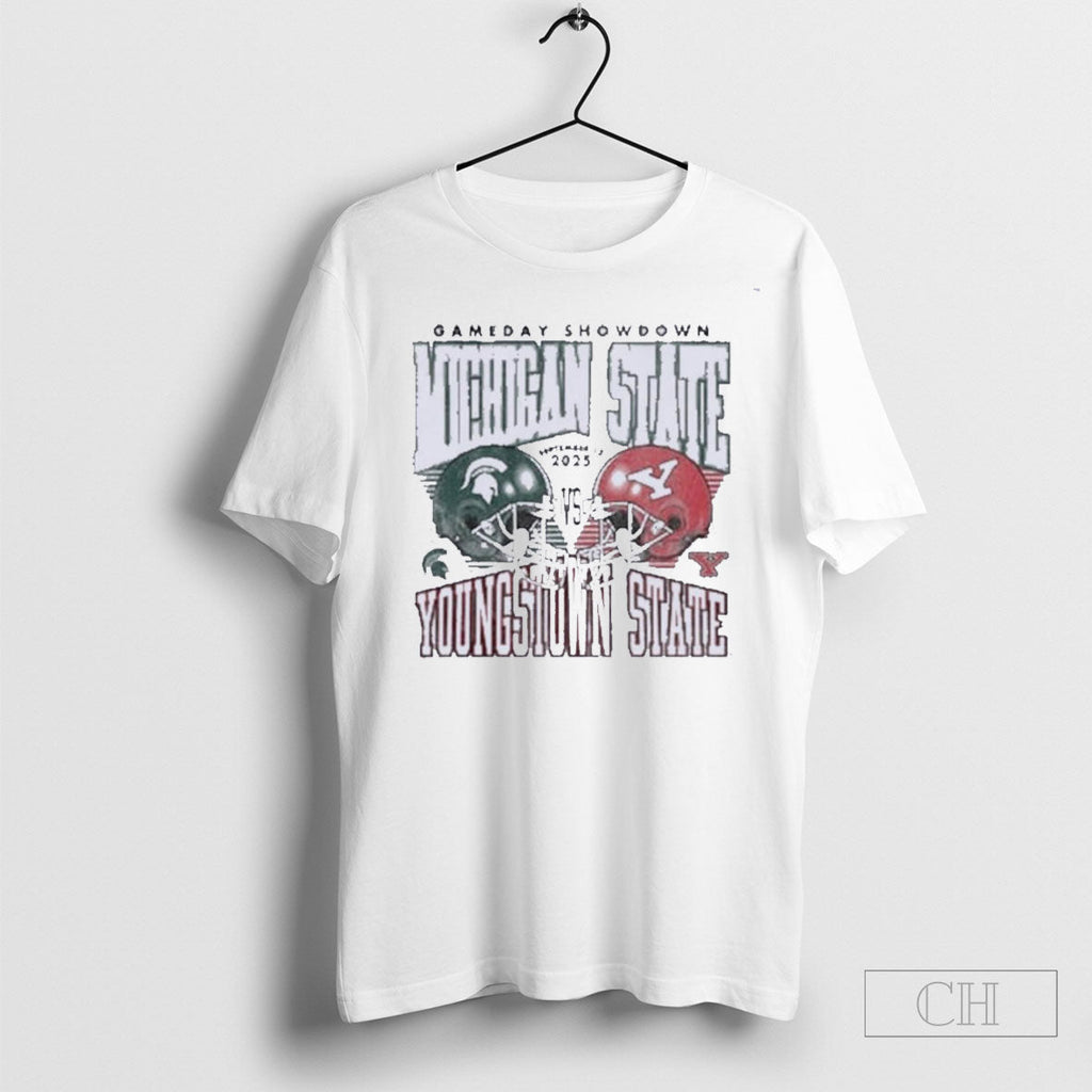 Gameday 2025 Michigan State Spartans Vs Youngstown State Penguins Helmet Unisex T-shirt, Sweatshirt, Hoodie, Long Sleeve Tee - T-Shirt, Sweatshirt, Hoodie