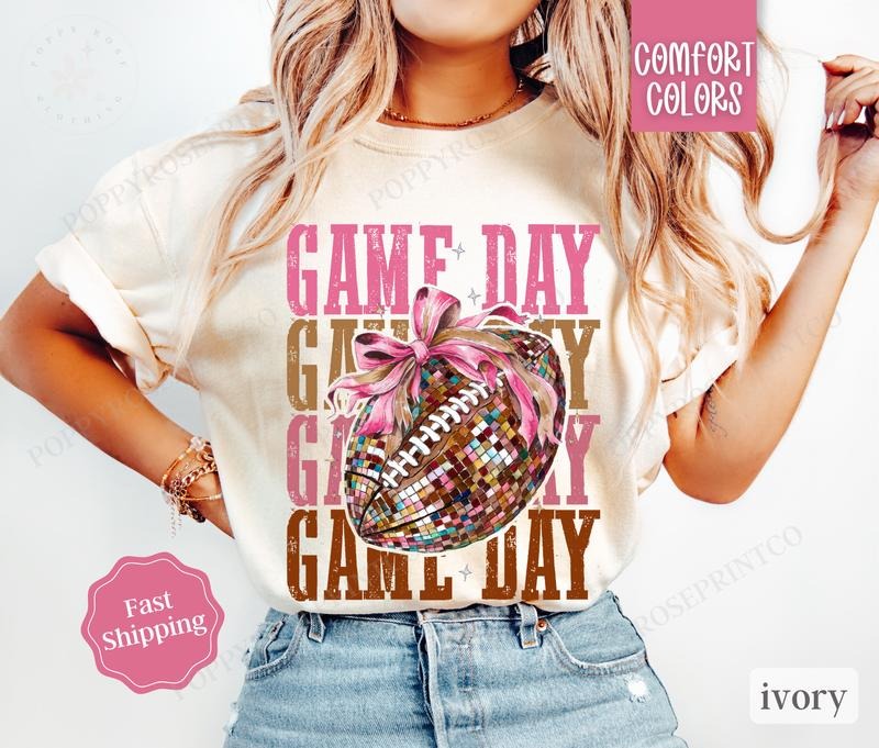 Gameday Football Bow Shirt Comfort Colors Football Womenswear Coquette T-Shirts, Hoodie, Sweatshirt - T-Shirt, Sweatshirt, Hoodie