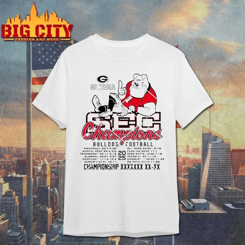 Georgia Bulldogs 2025 SEC Football Champions Recap Mascot shirt Unisex T-shirt, Sweatshirt, Hoodie, Long Sleeve Tee - T-Shirt, Sweatshirt, Hoodie