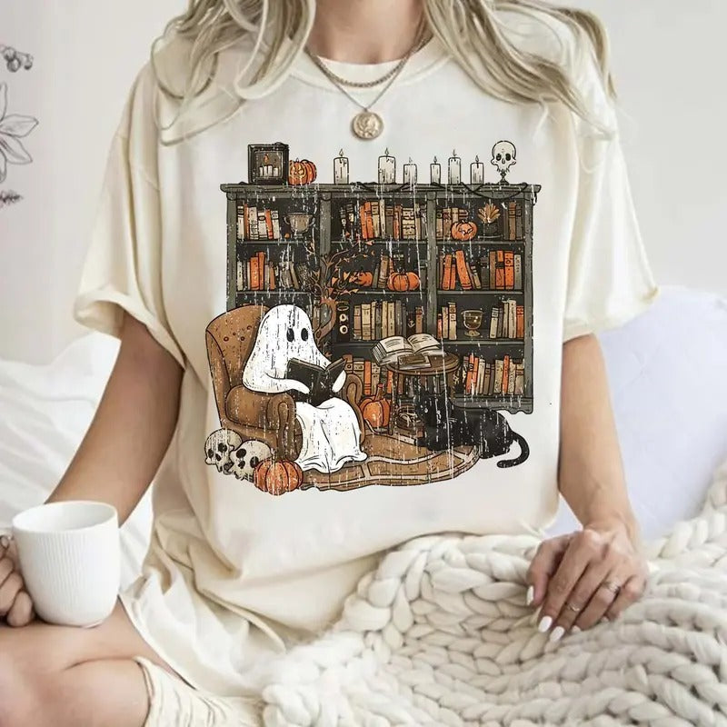 Ghost Reading Book Halloween Bookshelf Ghostly Bookish Black Cat Book Cute Ghost Book Cotton T-Shirts, Hoodie, Sweatshirt - T-Shirt, Sweatshirt, Hoodie