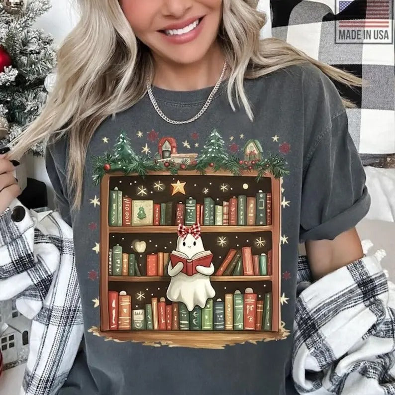 Ghost Reading Books Bookish Cute Ghost Xmas Teacher Librarian T-Shirts, Hoodie, Sweatshirt - T-Shirt, Sweatshirt, Hoodie