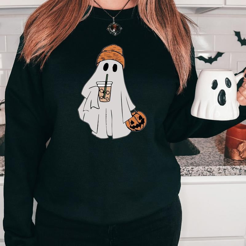 Ghost Coffee Shirt Cute Halloween Party Ice Coffee Lover Spooky Season Pumpkin T-Shirts, Hoodie, Sweatshirt - T-Shirt, Sweatshirt, Hoodie