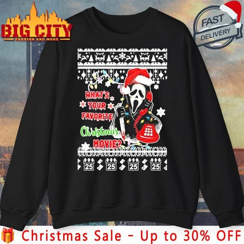 Ghostface what’s Your favorite christmas movie ugly christmas shirt Unisex T-shirt, Sweatshirt, Hoodie, Long Sleeve Tee - T-Shirt, Sweatshirt, Hoodie