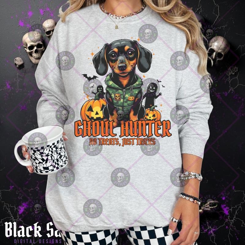 Ghoul Hunter No Treats Just Tricks Dachshund Camo Halloween Grunge Skulls Cotton Casual All Seasons Top Streetwear Vintage Crew Neck Comfortable Machine Washable Womenswear T-Shirts, Hoodie, Sweatshirt - T-Shirt, Sweatshirt, Hoodie