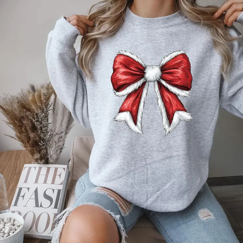 Gildan Santa Bow Comfortable Fit Loose Womenswear Cute Casual Long Sleeve Tops Soft Material Festive T-Shirts, Hoodie, Sweatshirt - T-Shirt, Sweatshirt, Hoodie