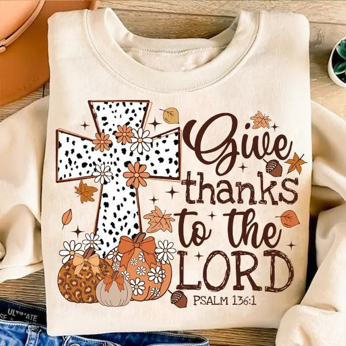 Give Thanks Lord Fall Leopard Pumpkin Thanksgiving Christian Fall Jesus Cross Dalmatian Dots Classic Cotton T-Shirts, Hoodie, Sweatshirt - T-Shirt, Sweatshirt, Hoodie