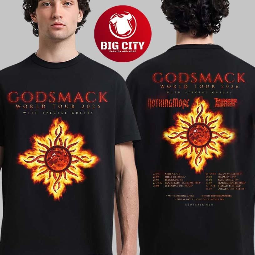 Godsmack World Tour 2026 Europe Schedule Tour Dates Two Sided Shirt Unisex T-shirt, Sweatshirt, Hoodie, Long Sleeve Tee - T-Shirt, Sweatshirt, Hoodie