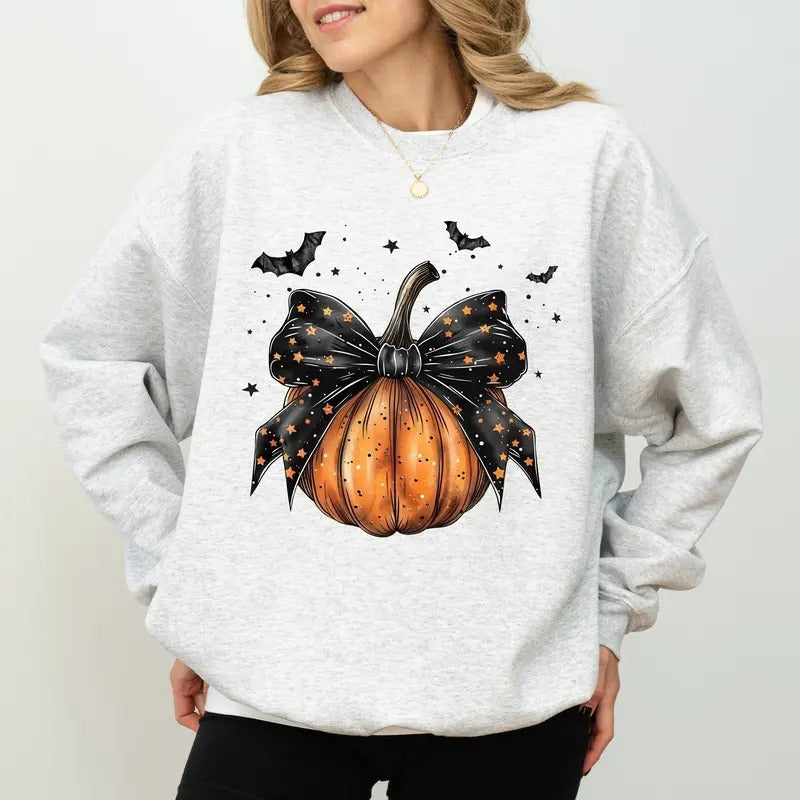 Gothic Coquette Bow Pumpkin Halloween Pumpkin Cute Girly Pumpkin Vintage Halloween Pumpkin Spooky Season Outfits Soft Cotton Long Sleeve Unhinged Top Fall Casual Womenswear T-Shirts, Hoodie, Sweatshirt - T-Shirt, Sweatshirt, Hoodie