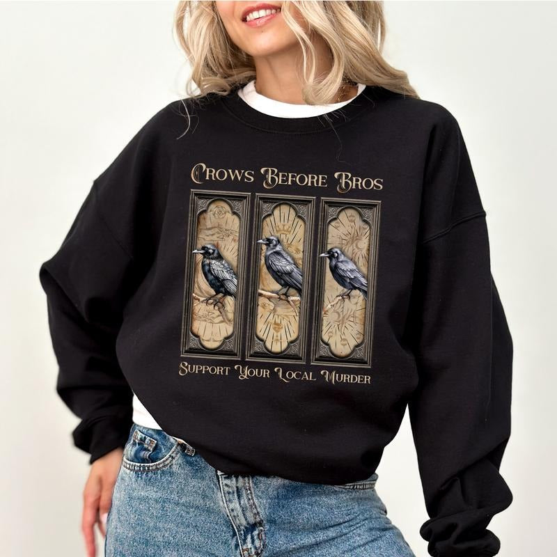 Gothic Crows Before Bros Vintage Raven Support Your Local Murder Feminist Tops Soft Cotton Fabric Womenswear T-Shirts, Hoodie, Sweatshirt - T-Shirt, Sweatshirt, Hoodie