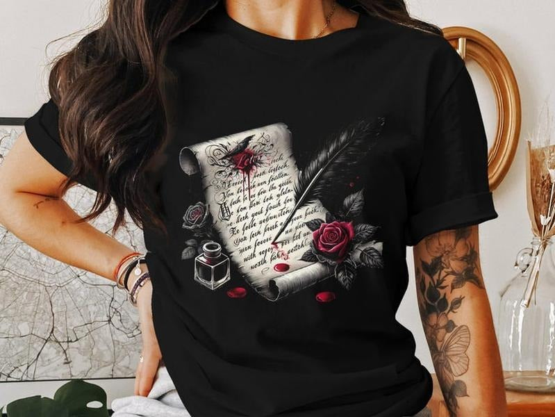 Gothic Dark Romance Artwork Feather Rose Illustration Spicy Books Smut Lovers Digital Art Ink Scroll T-Shirts, Hoodie, Sweatshirt - T-Shirt, Sweatshirt, Hoodie