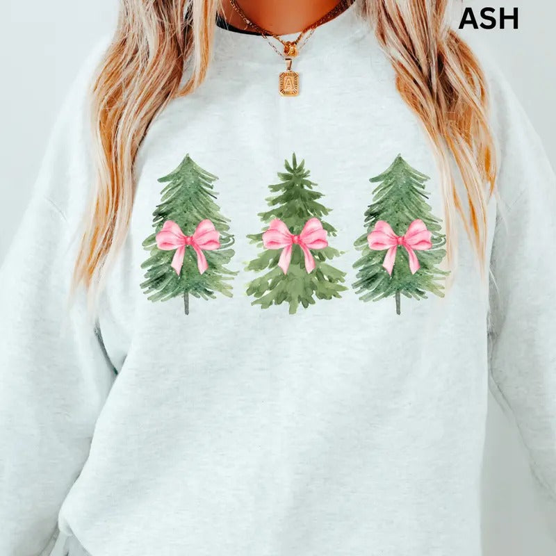 Green Tree Pink Bow Winter Merry Winter Season Casual Cotton Polyester T-Shirts, Hoodie, Sweatshirt - T-Shirt, Sweatshirt, Hoodie