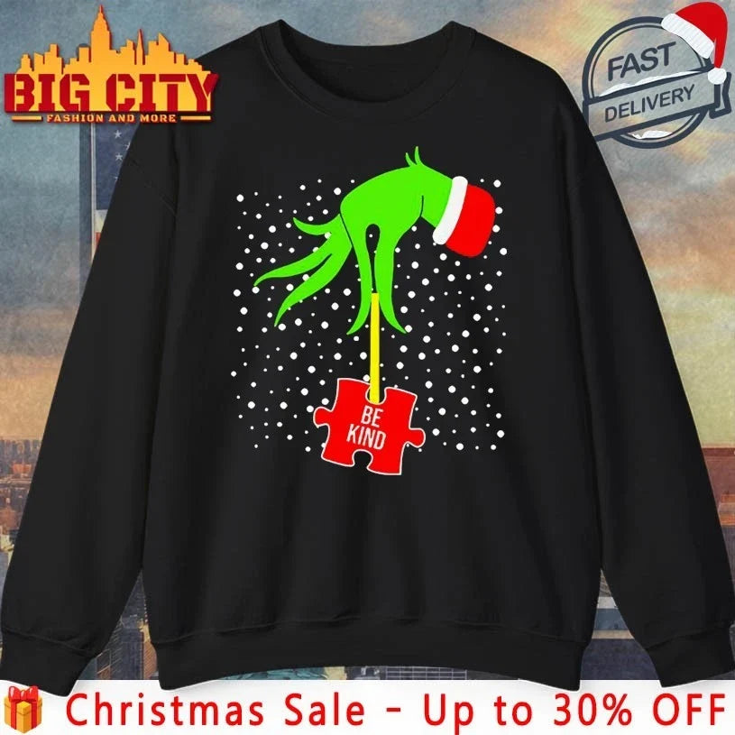 Grinch Hand Be Kind Puzzle Autism Awareness Christmas shirt Unisex T-shirt, Sweatshirt, Hoodie, Long Sleeve Tee - T-Shirt, Sweatshirt, Hoodie