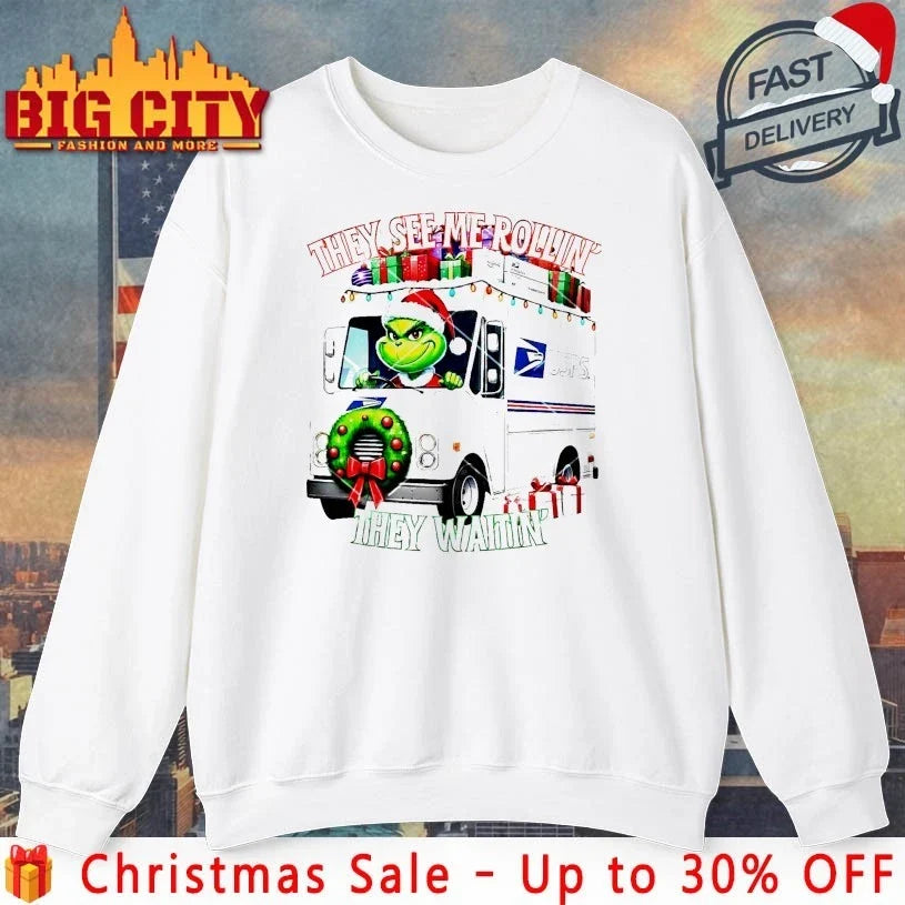 Grinch Santa USPS They See Me Rollin They Waitin shirt Unisex T-shirt, Sweatshirt, Hoodie, Long Sleeve Tee - T-Shirt, Sweatshirt, Hoodie
