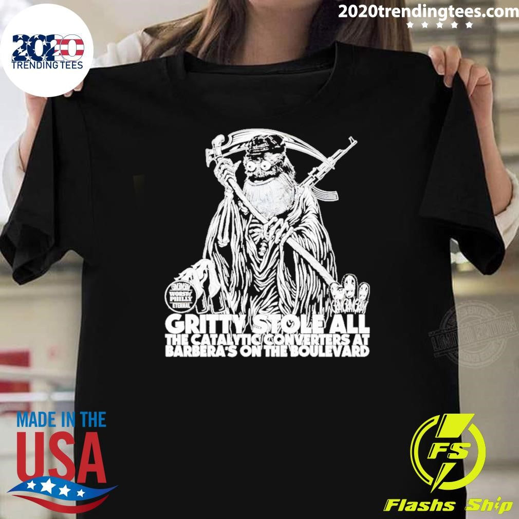 Gritty Death Philadelphia Flyers Hockey Mascot Stole All The Catalytic Converters Shirt Unisex T-shirt, Sweatshirt, Hoodie, Long Sleeve Tee - T-Shirt, Sweatshirt, Hoodie