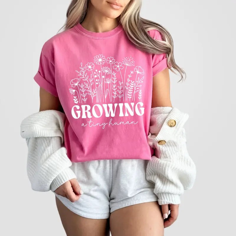 Growing Tiny Human Shirt Pregnancy Announcement Spring Flower Baby Reveal Maternity Baby Announcement Funny Mother Shirt T-Shirts, Hoodie, Sweatshirt - T-Shirt, Sweatshirt, Hoodie