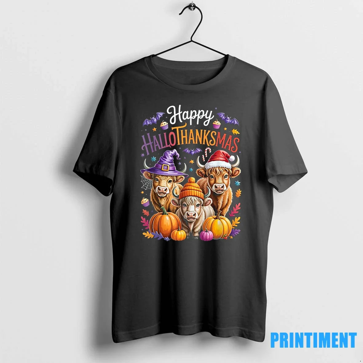 Hallothanksmas Halloween Thanksgiving Christmas Highland Cow Tshirts Sweater Unisex T-shirt, Sweatshirt, Hoodie, Long Sleeve Tee - T-Shirt, Sweatshirt, Hoodie