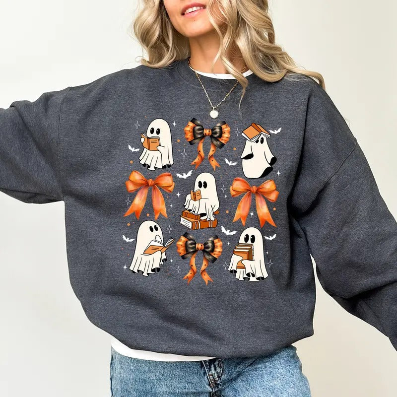 Halloween Coqquett Bow Book Ghost Cute Boos Reading Creweck Coqquett Bow Ghost Reading Books Lover Spooky Season Comfy Cotton Long Sleeve Fall Tops Casual Womenswear T-Shirts, Hoodie, Sweatshirt - T-Shirt, Sweatshirt, Hoodie