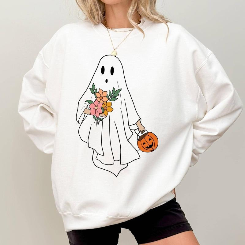 Halloween Ghost Floral Ghost Ghost Flower Bouquet Halloween Ghost Trick Treat Spooky Season Long Sleeve Tops Fall Winter Casual Womenswear Comfort Cotton Fabric T-Shirts, Hoodie, Sweatshirt - T-Shirt, Sweatshirt, Hoodie