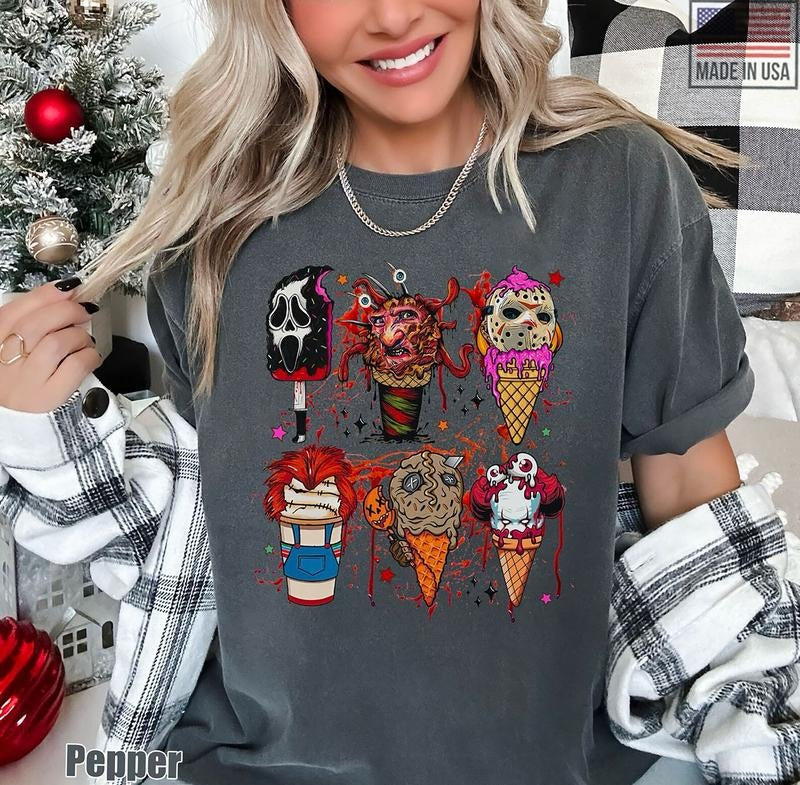 Halloween Horror Ice Cream Shirt Summerween Shirt Funny Horror Movie Characters Scary Movie Snacks Spooky Ice Cream Horror Movie Ice Cream T-Shirts, Hoodie, Sweatshirt - T-Shirt, Sweatshirt, Hoodie