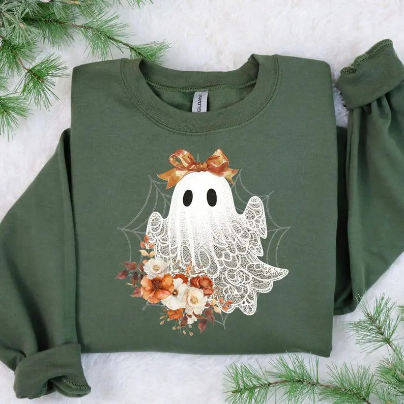 Halloween Lace Ghost Cute Floral Ghost Spooky Fall Floral Shirt Coquette Bow Girl Halloween Comfort Cotton T-Shirts, Hoodie, Sweatshirt - T-Shirt, Sweatshirt, Hoodie