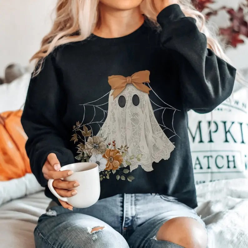 Halloween Lace Ghost Ghost Bow Coquette Halloween Spooky Fall Floral Long Sleeved Cute Ghost Loversstyle{N002}3 T-Shirts, Hoodie, Sweatshirt - T-Shirt, Sweatshirt, Hoodie