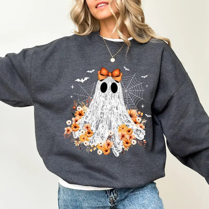 Halloween Lace Ghost Spooky Coquette Boo Vintage Girly Ghost Floral Lacey Ghost Cute Spooky Season Soft Cotton Long Sleeve Unhinged Tops Cozy Casual Womenswear T-Shirts, Hoodie, Sweatshirt - T-Shirt, Sweatshirt, Hoodie