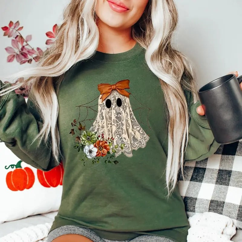 Halloween Lace Ghost Spooky Coquette Girly Ghost Orange Bow Cotton Womenswear T-Shirts, Hoodie, Sweatshirt - T-Shirt, Sweatshirt, Hoodie