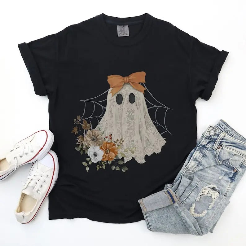 Halloween Lace Ghost Spooky Coquette Girly Ghost Orange Bow Lacey Ghost Comfort Colors Spooky Season Top T-Shirts, Hoodie, Sweatshirt - T-Shirt, Sweatshirt, Hoodie