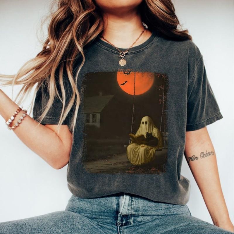 Halloween Reading Ghost Shirt Haunted Swing & Red Moon Spooky Night Sublimation Creepy Fall Scene Gothic Art Book Lovers T-Shirts, Hoodie, Sweatshirt - T-Shirt, Sweatshirt, Hoodie