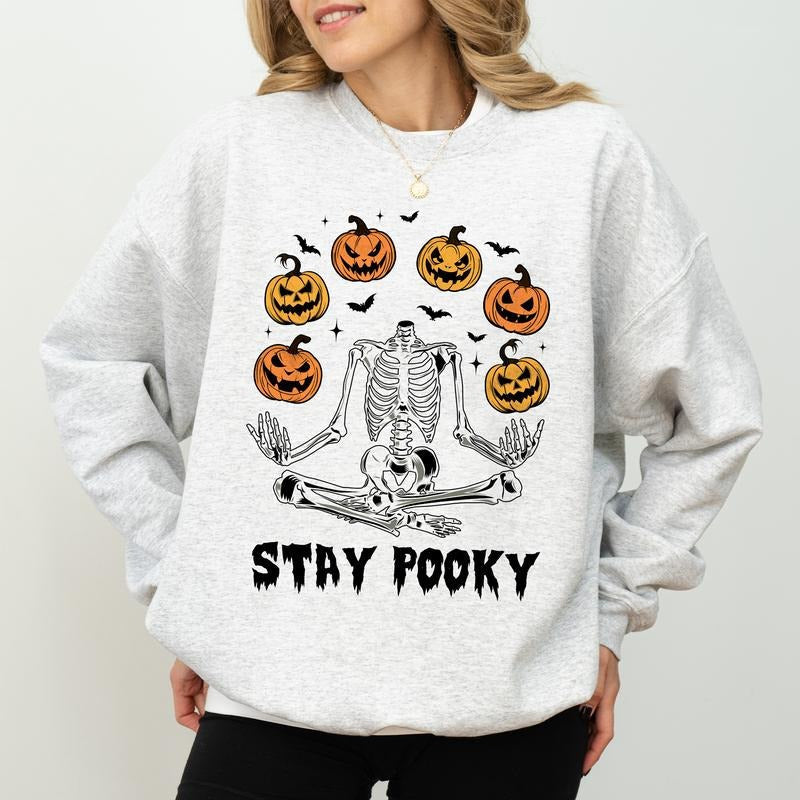 Halloween Skeleton Stay Spooky Funny Halloween Skeleton Spooky Season Scary Pumpkin Spooky Comfy Long Sleeve Cute Tops Fall Winter Casual Womenswear Comfort Fabric Cotton Top T-Shirts, Hoodie, Sweatshirt - T-Shirt, Sweatshirt, Hoodie