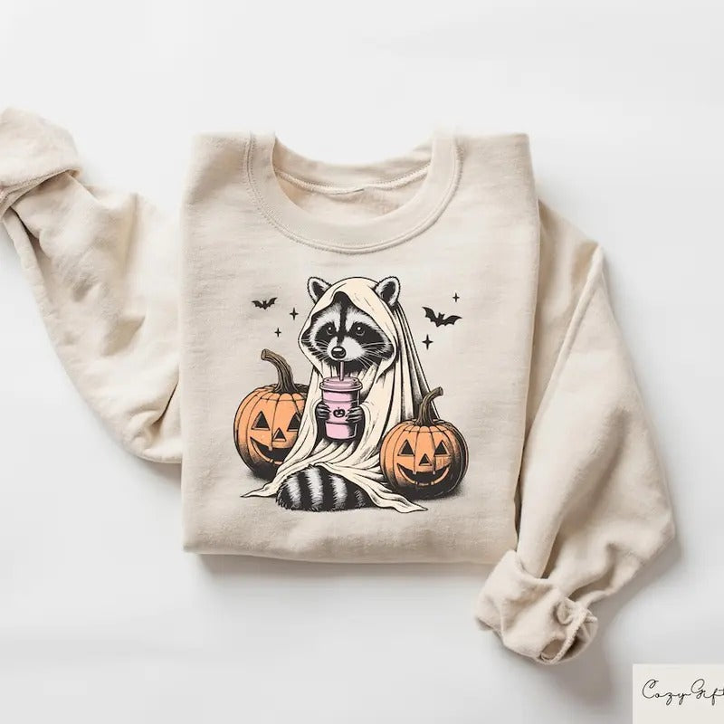 Halloween Cute Raccoon Ghost Spooky Season Cotton Menswear T-Shirts, Hoodie, Sweatshirt - T-Shirt, Sweatshirt, Hoodie