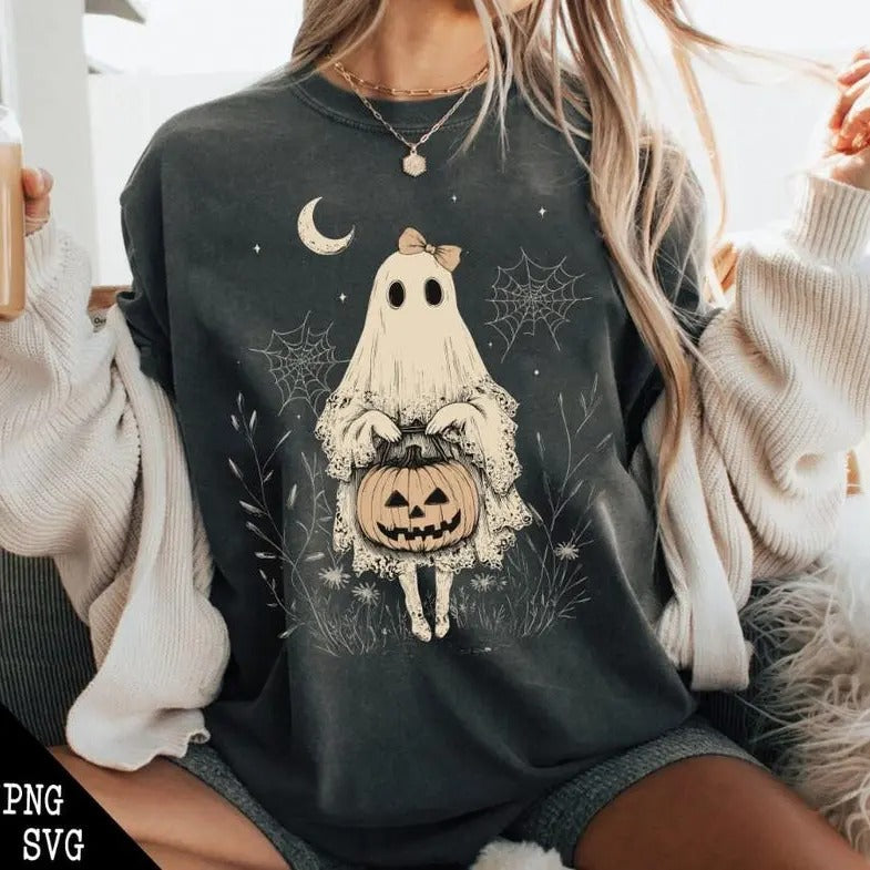 Halloween Lace Ghost Shirt Scary Ghost Girly Ghost Orange Bow Vintage Lace Ghost Shirt Spooky Season Cute Fall T-Shirts, Hoodie, Sweatshirt - T-Shirt, Sweatshirt, Hoodie